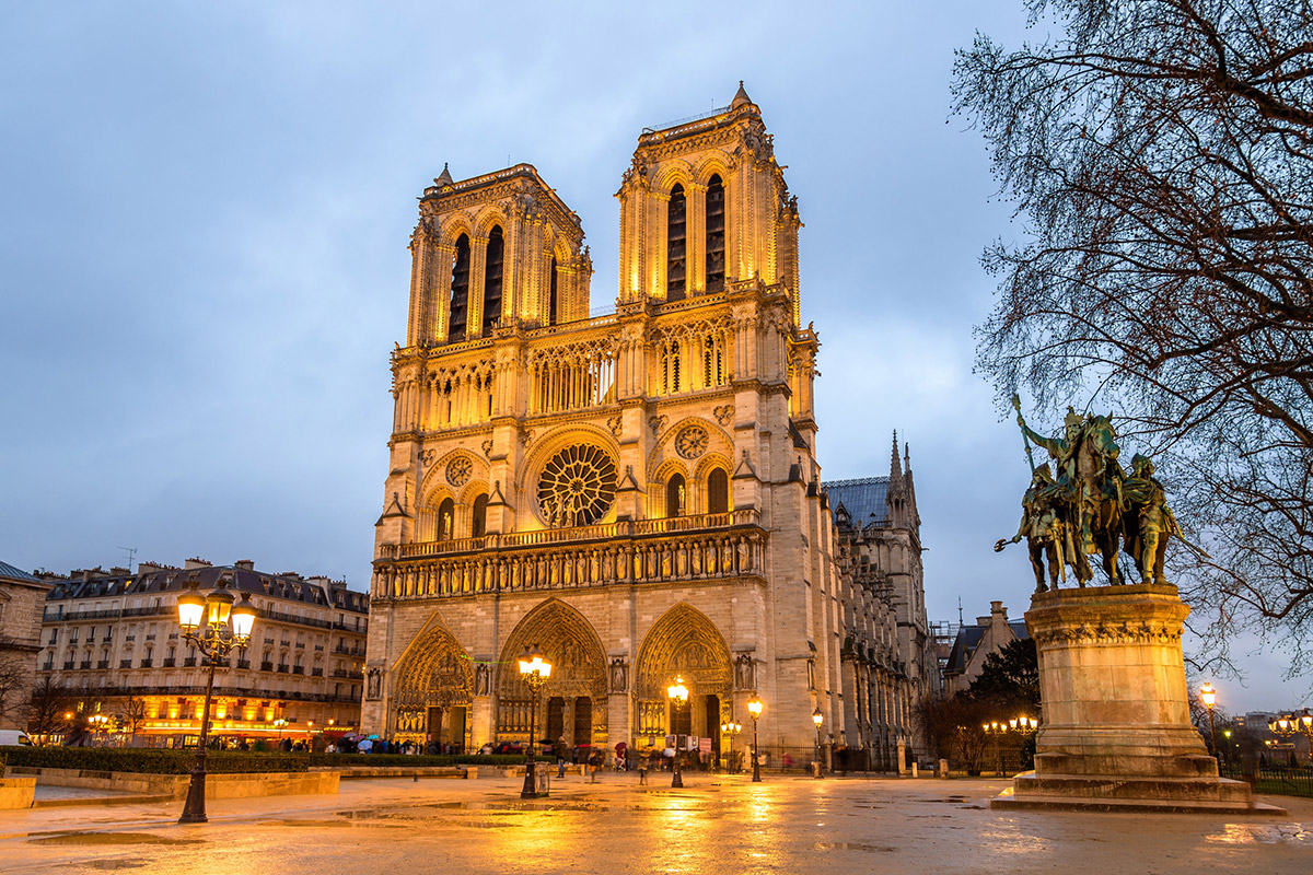 notre dame in the evening